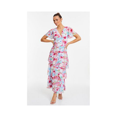 QUIZ Womens Chiffon Floral V-Neck Frill Maxi Dress