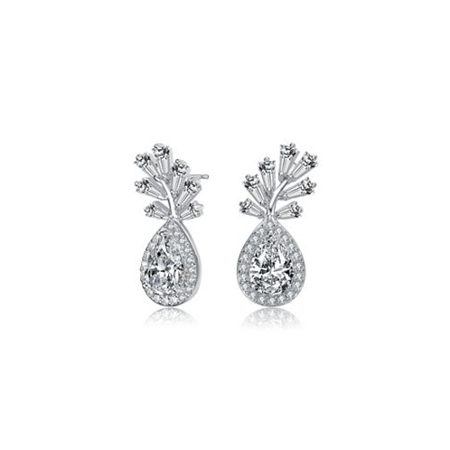 Genevive Sterling Silver with White Gold Rhodium Plated Clear Pear with Round and Tapered Baguette Cubic Zirconia Accent Drop Earrings
