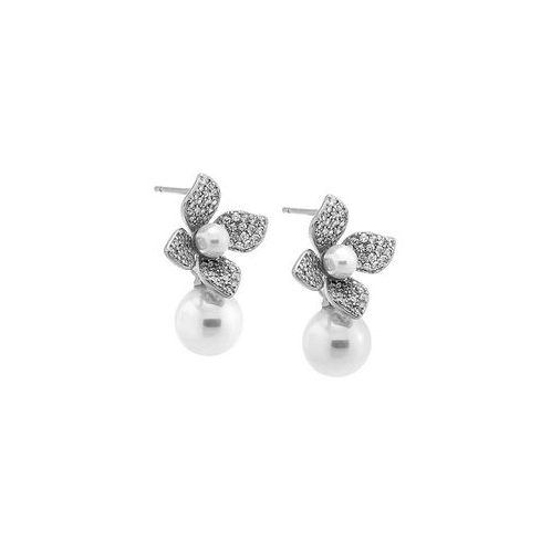 By Adina Eden Pave Four Leaf Dangling Flower Imitation Pearl Stud Earring