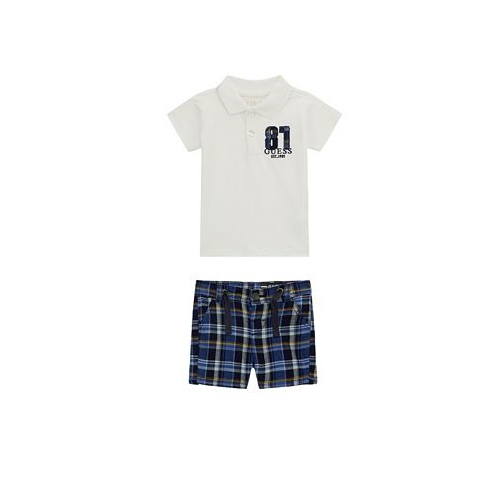 GUESS Baby Boys Short Sleeve Polo Shirt and Plaid Shorts Set