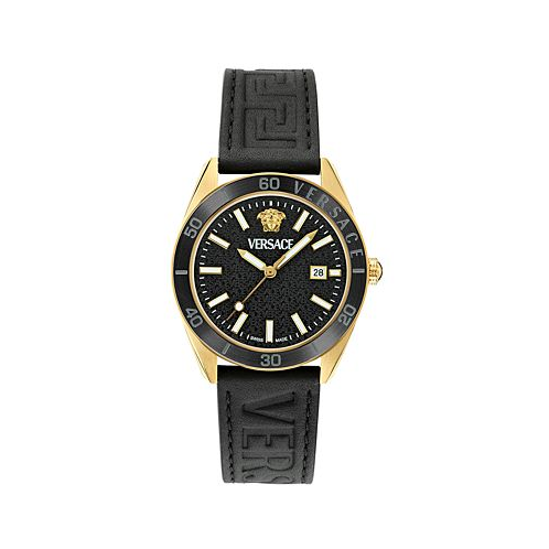 Versace Mens Swiss Black Leather Strap Watch 42mm