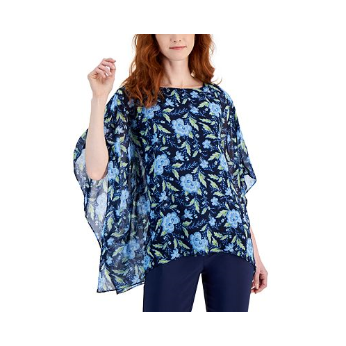 JM Collection Womens 3/4 Sleeve Printed Poncho Top