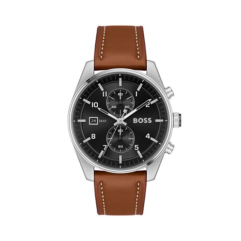 Hugo Boss Mens Skytraveller Quartz Fashion Chrono Brown Leather Watch 44mm