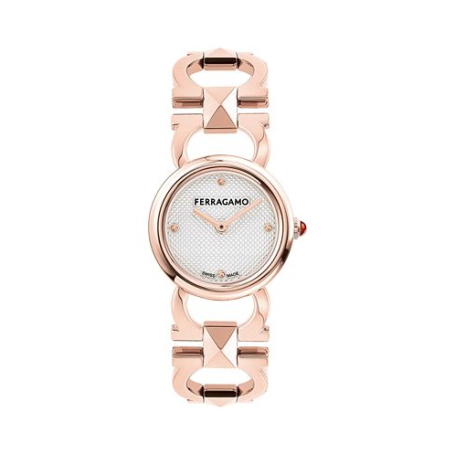 Ferragamo Salvatore Womens Swiss Rose Gold Ion Plated Stainless Steel Stud Link Bracelet Watch 25mm