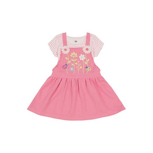 Kids Headquarters Little Girls Striped Jersey T-shirt and Floral French Terry Pinafore Set