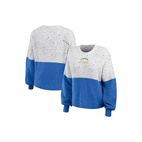 WEAR by Erin Andrews Womens White Powder Blue Los Angeles Chargers Lighweight Modest Crop Color-Block Pullover Sweater