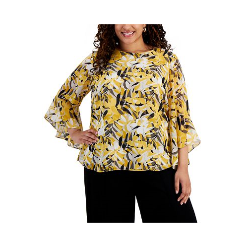 Kasper Plus Size Printed Ruffled 3/4-Sleeve Top