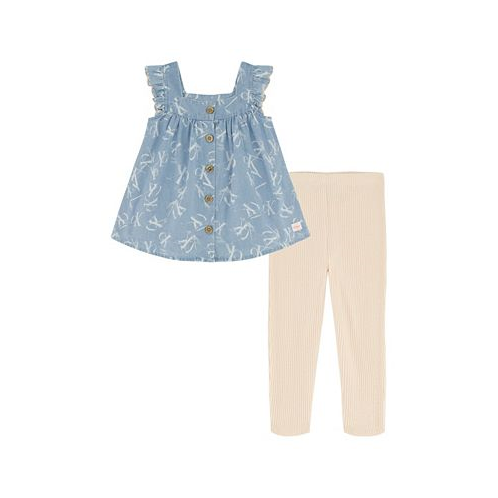Calvin Klein Little Girls Button-Front Denim Tunic and Slub Ribbed Capri Leggings 2 Piece Set
