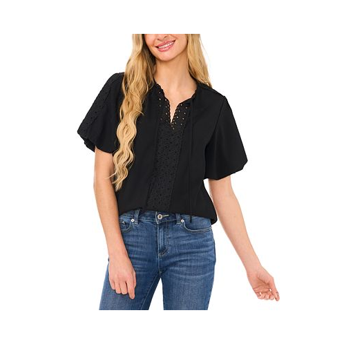 CeCe Womens Eyelet-Trim Split-Neck Puff-Sleeve Blouse