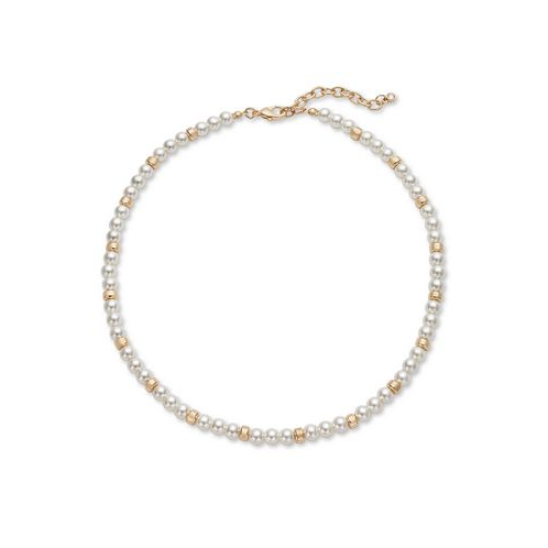 On 34th Gold-Tone Bead & Imitation Pearl Collar Necklace 16-1/2 + 2 extender