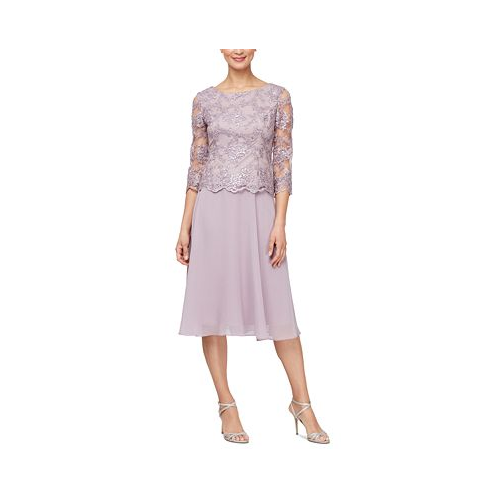 Alex Evenings Womens Layered Embellished Lace-Bodice Dress