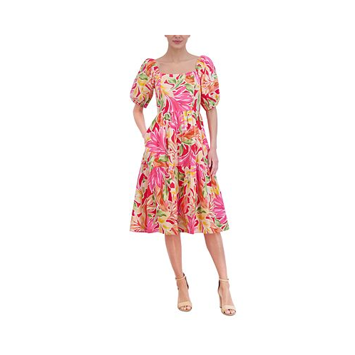 Vince Camuto Womens Floral-Print Puff-Sleeve Midi Dress
