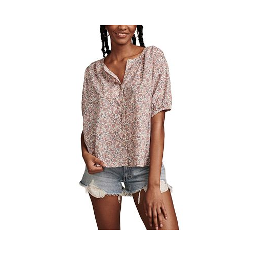 Lucky Brand Womens Printed Cotton Smocked-Trim Blouse