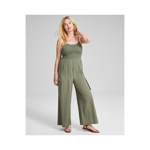And Now This Womens Cotton Smocked Cargo Jumpsuit