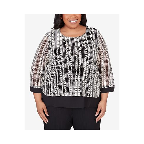 Alfred Dunner Plus Size Opposites Attract Striped Texture Top with Necklace