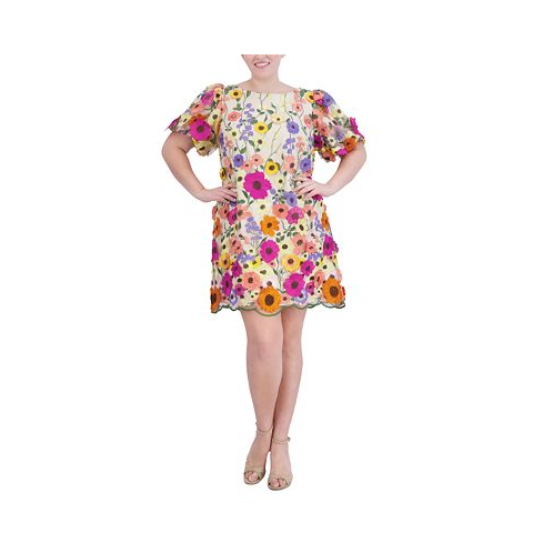 Eliza J Plus Size 3D Embroidered-Florals Puff-Sleeve Dress
