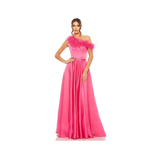 Mac Duggal Womens One Shoulder A Line Gown With Feather Detail