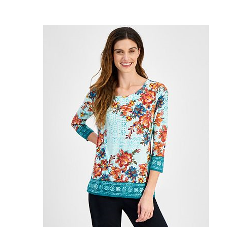 JM Collection Womens 3/4 Sleeve Jacquard Printed Top