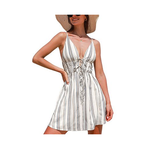 CUPSHE Womens Striped Waist Cutout & Tie Mini Beach Dress