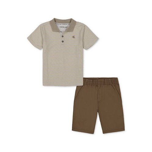 Calvin Klein Toddler Boys Cotton Striped Jersey Polo Shirt & Twill Shorts 2 Piece Set