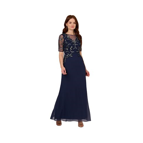 Adrianna Papell Womens Embellished Elbow-Sleeve Gown