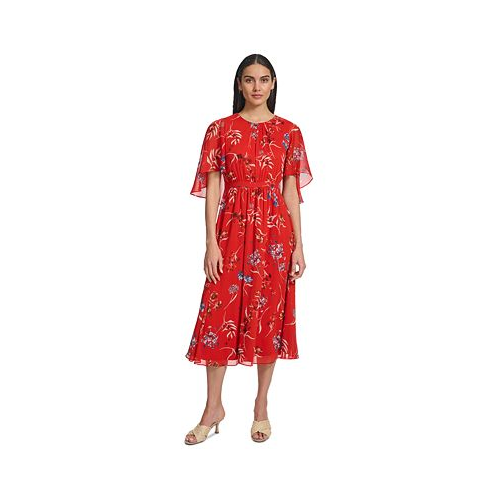 Calvin Klein Womens Floral-Print Draped-Sleeve Dress