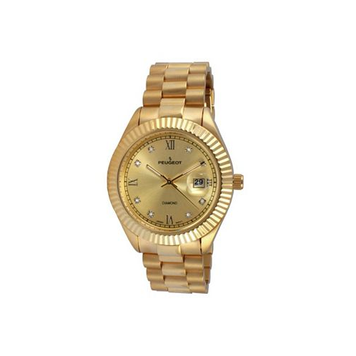 Peugeot Mens 40mm Gold dial 14K Gold Plated Genuine Diamond Dial Watch with Gold-Tone Bracelet Strap