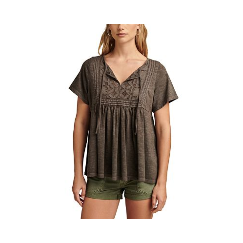 Lucky Brand Womens Cotton Embroidered Babydoll Tie-Neck Top