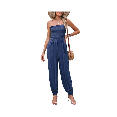 CUPSHE Womens Blue Smocked Bodice Tube Top Tapered Leg Jumpsuit