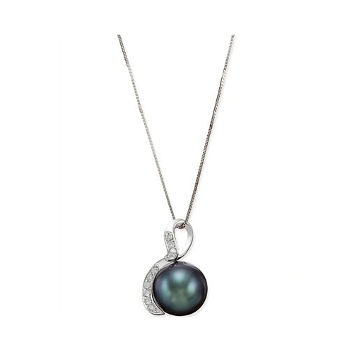 Macys Tahitian Black Pearl (10mm) and Diamond (1/10 ct. t.w.) Pendant Necklace in 14k White Gold
