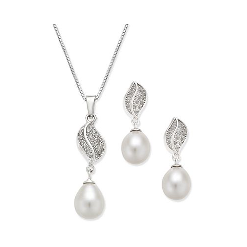 Macys Cultured Freshwater Pearl (7x9mm) and Cubic Zirconia Pendant Necklace and Matching Drop Earrings Set in Sterling Silver