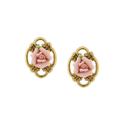 2028 Gold-Tone Pink Porcelain Rose Button Earrings
