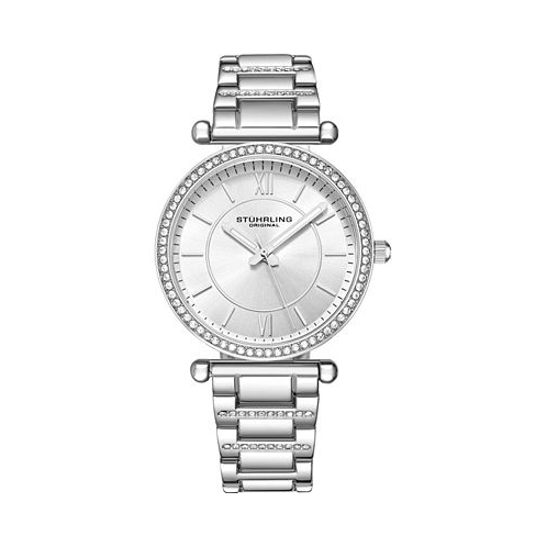 Stuhrling Womens Quartz Crystal Studded Silver-Tone Link Bracelet Watch 36mm