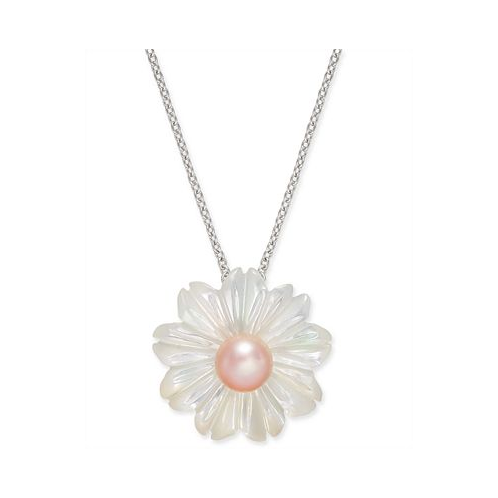 Macys Pink Cultured Button Freshwater Pearl (6 mm) & Mother-of-Pearl (19-1/2 mm) 18 Pendant Necklace in Sterling Silver