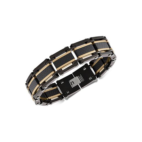 Esquire Mens Jewelry Two-Tone Square Link Bracelet in Black & Gold Ion-Plated Stainless Steel & Black Carbon Fiber