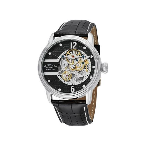 Stuhrling Stainless Steel Case on Black Perforated Alligator Embossed Genuine Leather Strap with White Contrast Stitching Black Skeletonized Dial with Silver Tone Accents