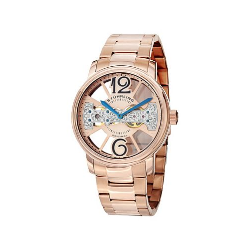 Stuhrling Stainless Steel Rose Tone Case on Link Bracelet Rose Tone Skeletonized Dial with Exposed Bridge Movement with Blue and Black Accents