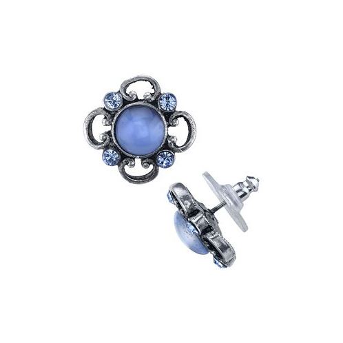 2028 Pewter Tone Lt. Blue Moonstone and Crystal Accent Post Button Earrings