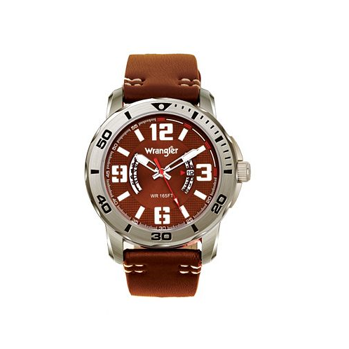Wrangler Mens Watch 48MM Silver Colored Case with Black Printed Arabic Numerals on Outer Steel Bezel Brown Dial with Dual Crescent Windows Date Window Brown Strap with White Accent Stitch A