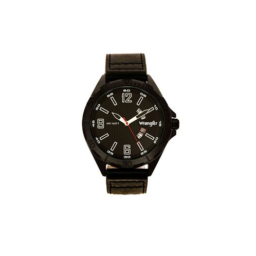 Wrangler Mens Watch 48MM IP Black Case with Textured Black Dial Arabic Numerals Rugged Brown Texture Strap Analog Second Hand Date Function