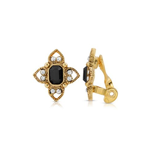 2028 Gold Tone Black Rectangle Crystal Floral Clip Earring