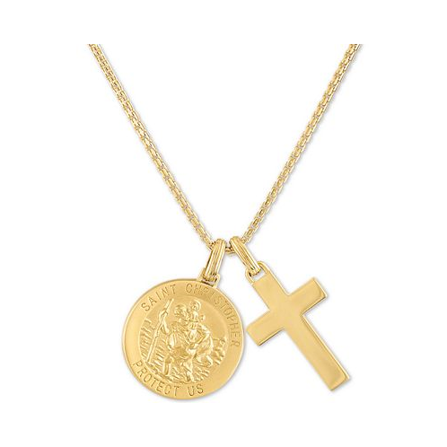 Esquire Mens Jewelry St. Christopher & Cross 24 Pendant Necklace in 14k Gold-Plated Sterling Silver
