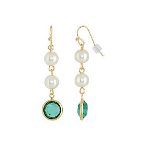 2028 Gold-Tone Imitation Pearl with Dark Green Channels Drop Earring