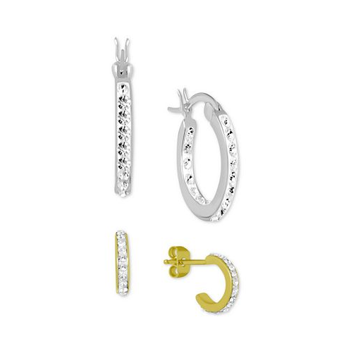 Essentials 2-Pc. Set Crystal Hoop Earrings in Silver-Plate & Gold-Plate