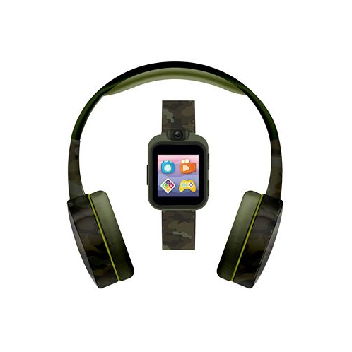 Playzoom Kids Green Camouflage Print Tpu Strap Smart Watch with Headphones Set 41mm