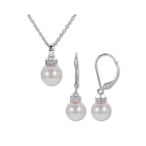 Macys 2-Pc. Set Cultured Freshwater Pearl (7-1/2-8-1/2mm) & White Topaz (1/10 ct. t.w.) Pendant Necklace and Matching Drop Earrings in Sterling Silver