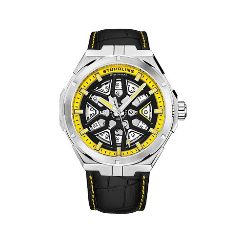 Stuhrling Mens Automatic Black Alligator Embossed Genuine Leather Strap with Yellow Stitching Watch 44mm