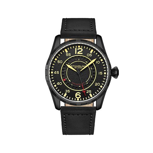 Stuhrling Mens Quartz Black Genuine Leather Strap Watch 44mm