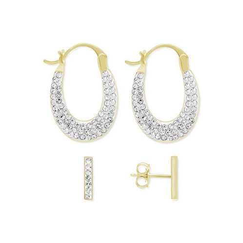 Essentials Crystal Bar Stud Pave Oval Hoop Duo Earring Set Gold Plate and Silver Plate