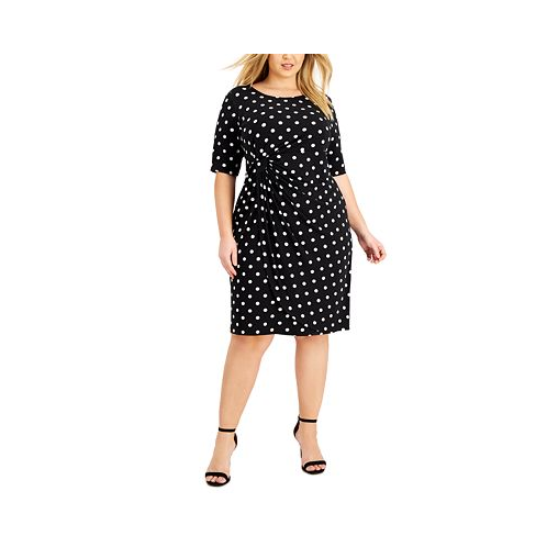 Connected Plus Size Dot-Print Side-Tab Sheath Dress